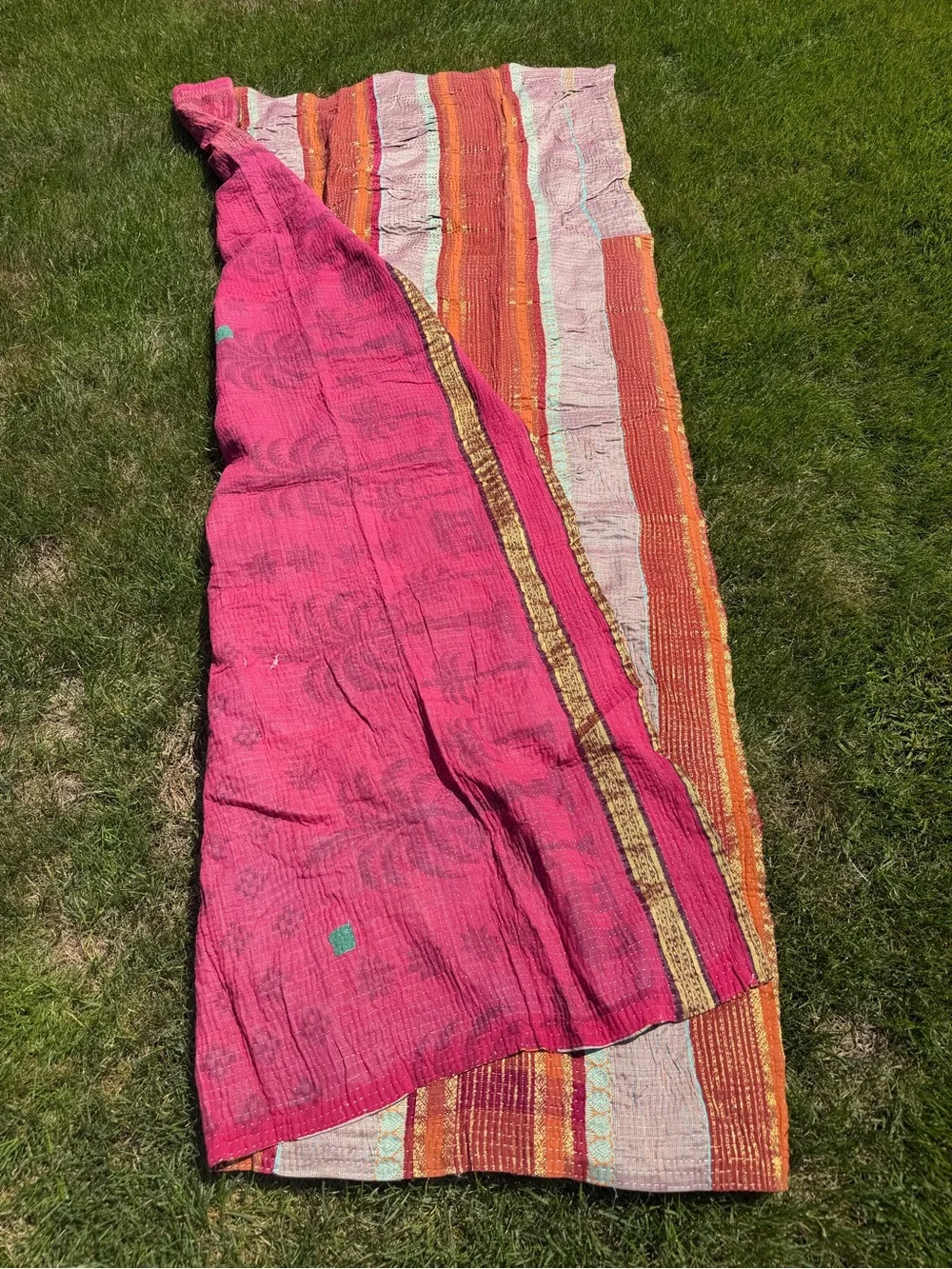 Vintage Kantha Quilt Hot Pink Gold Reversible Indian Hand Stitched Throw